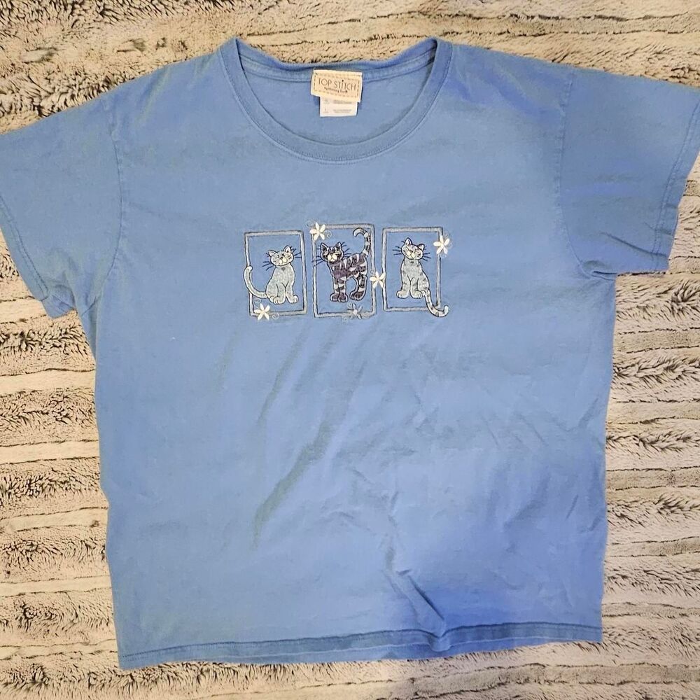 Top-stitch Women's Blue and White T-shirt